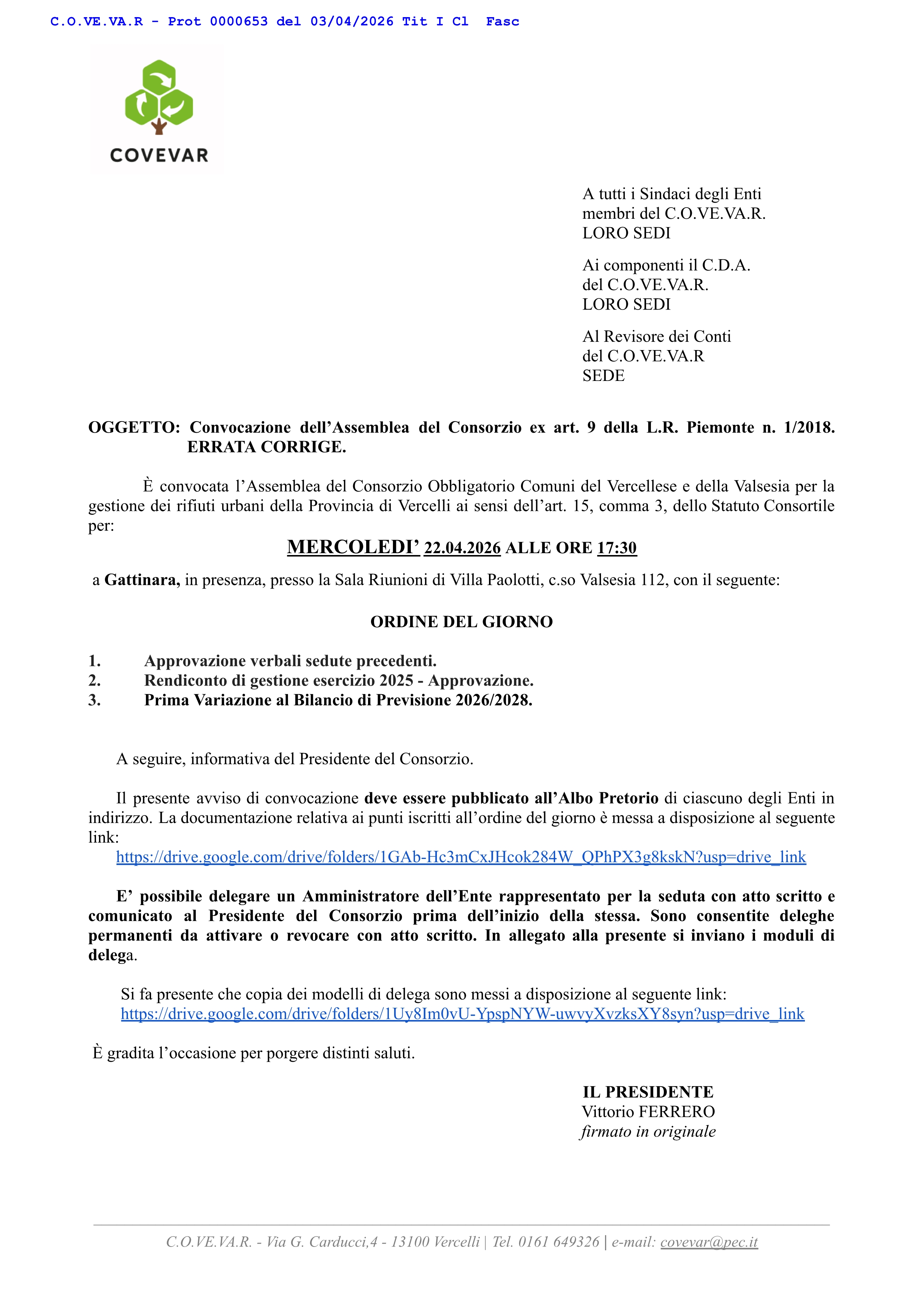 Convocazione dellAssemblea del Consorzio ex art. 9 della L.R. Piemonte n. 1/2018