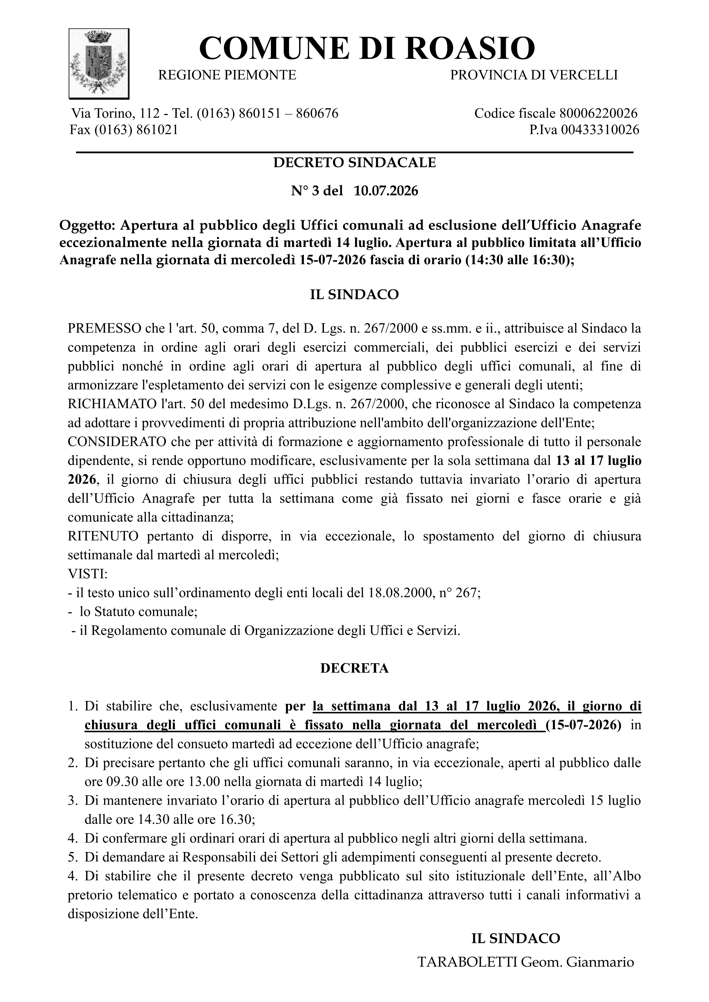 Modifica giorno chiusura uffici comunali
