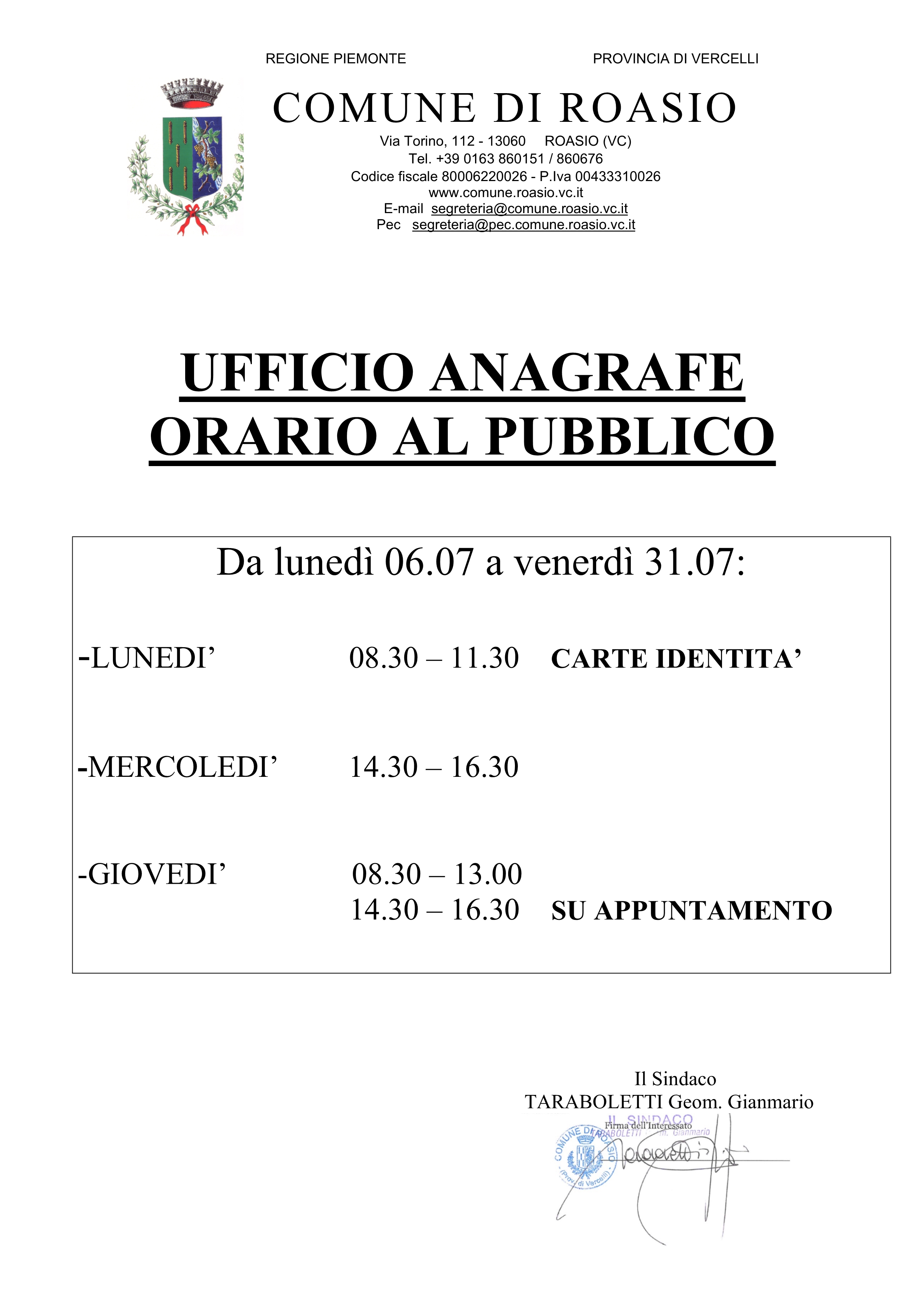 Orario ufficio anagrafe