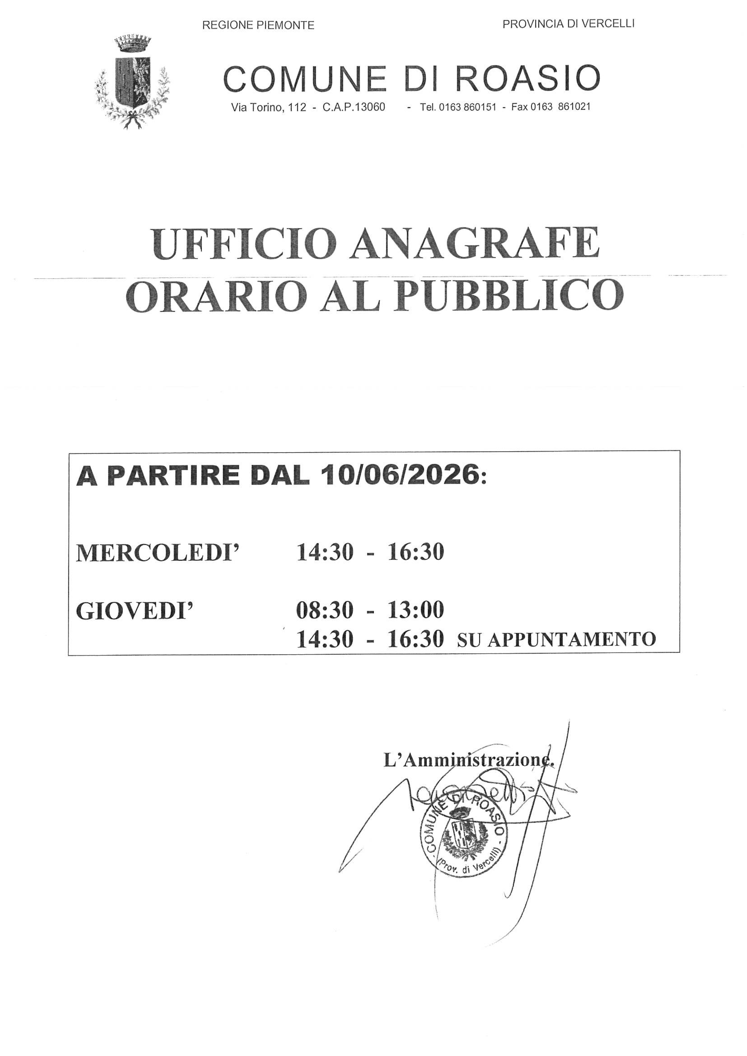 Orario ufficio anagrafe