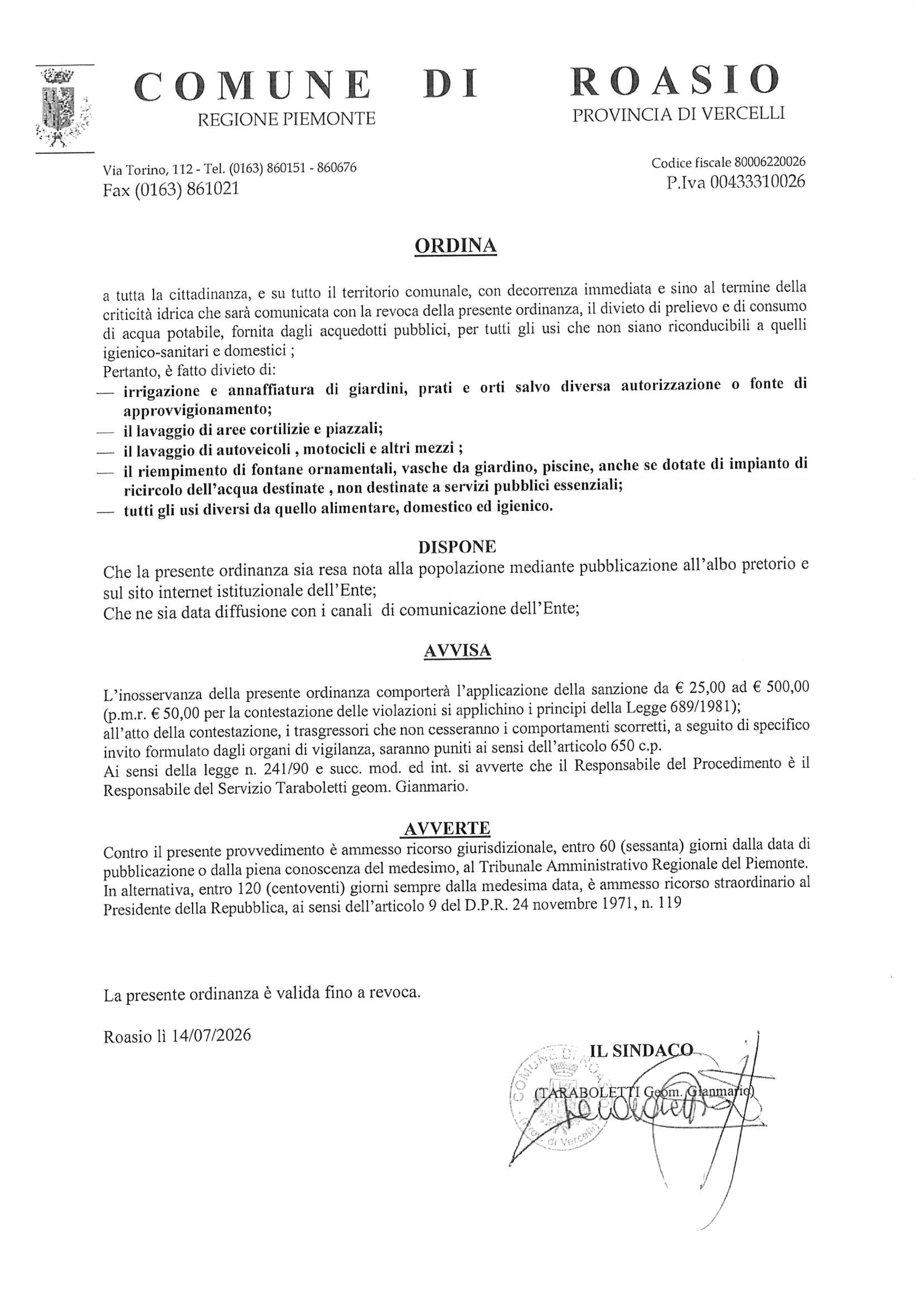 Ordinanza sindacale n. 24/2026